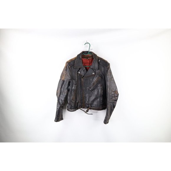 Vintage 50s 38 Thrashed Horsehide Leather Belted Motorcycle Jacket Dark Brown